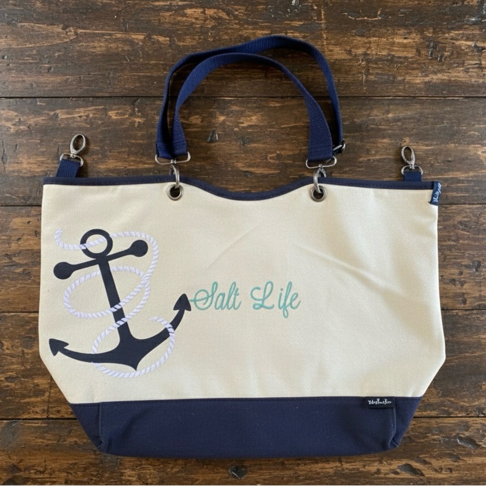 Salt Life Cream and Navy Anchor Tote
